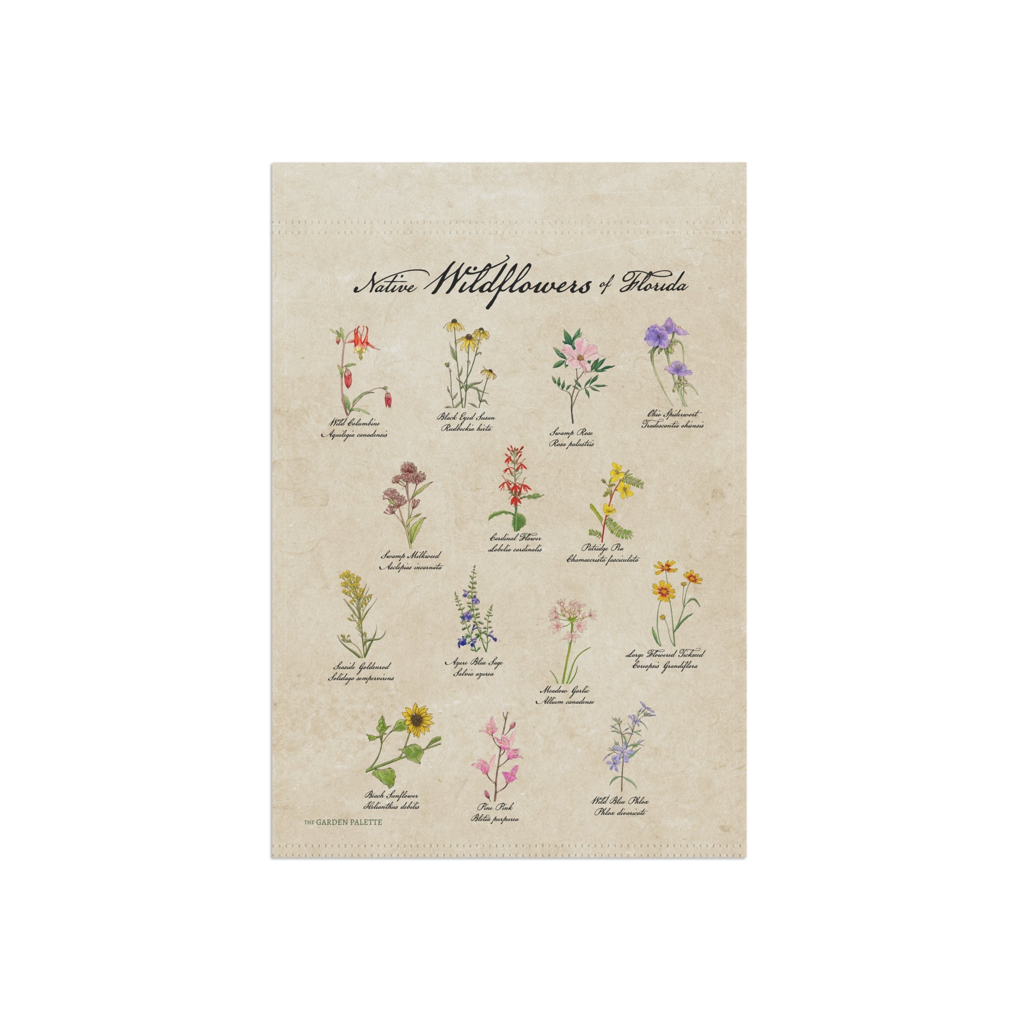 Decorative garden flag with illustrations of wildflowers on a beige background