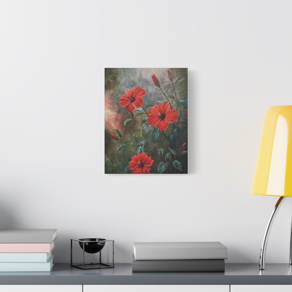 Canvas print of red hibiscus flowers on a wall above a desk with books and a lamp.