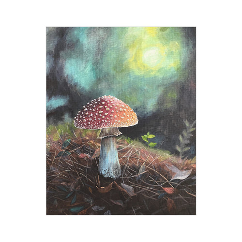 Painting print of a red-spotted mushroom in a forest setting