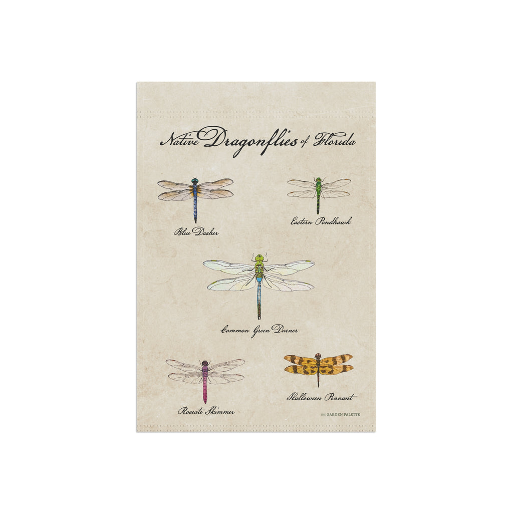 Decorative garden flag with illustrations of dragonflies on a beige background
