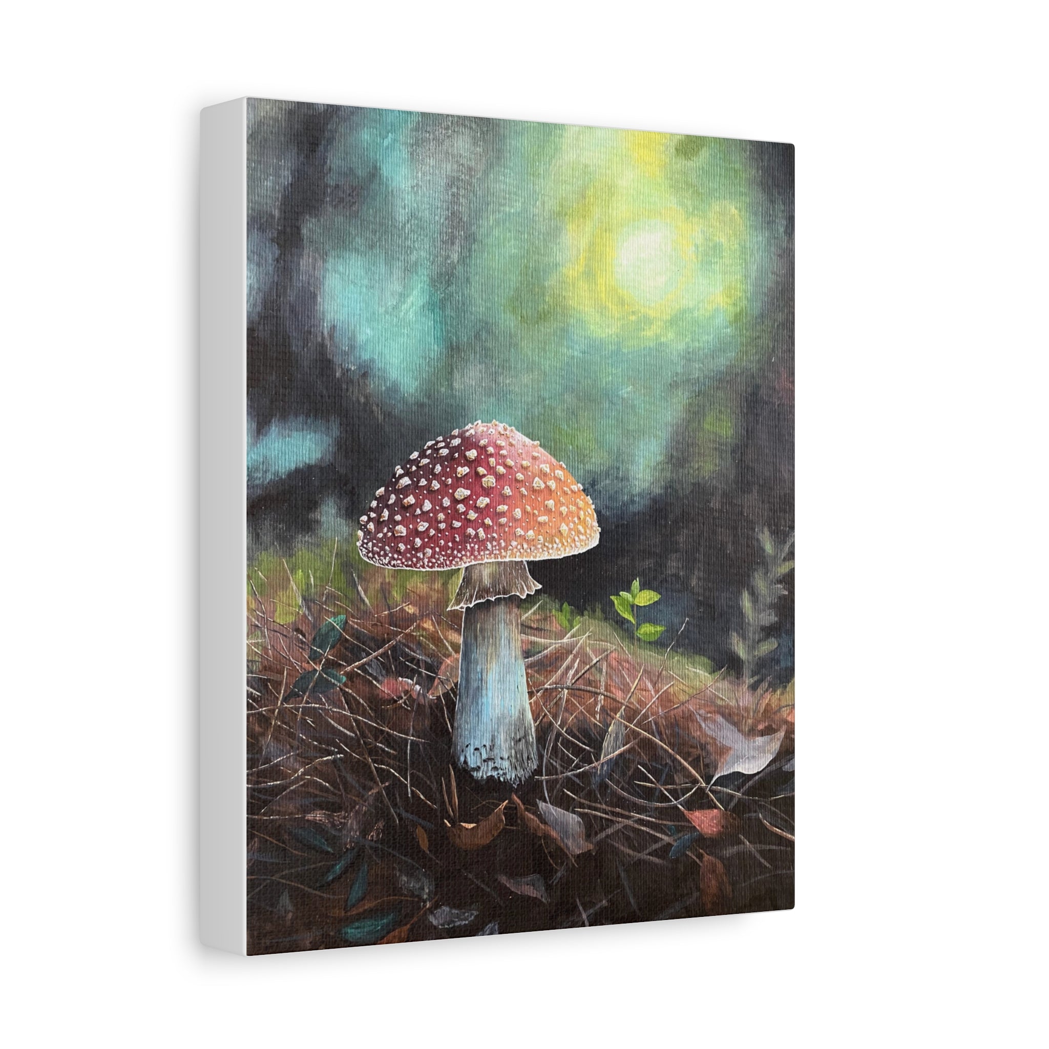 Canvas print of a red-spotted mushroom in a forest setting