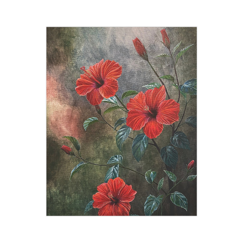 Painting print of red hibiscus flowers
