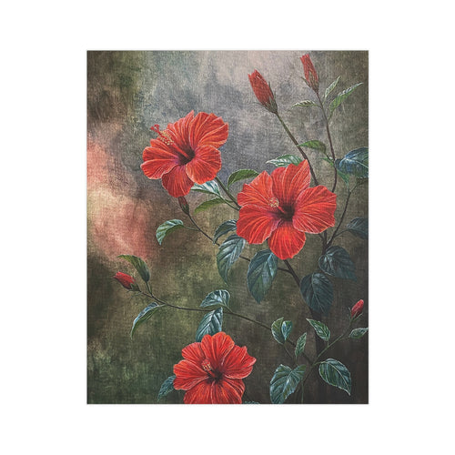 Painting print of red hibiscus flowers