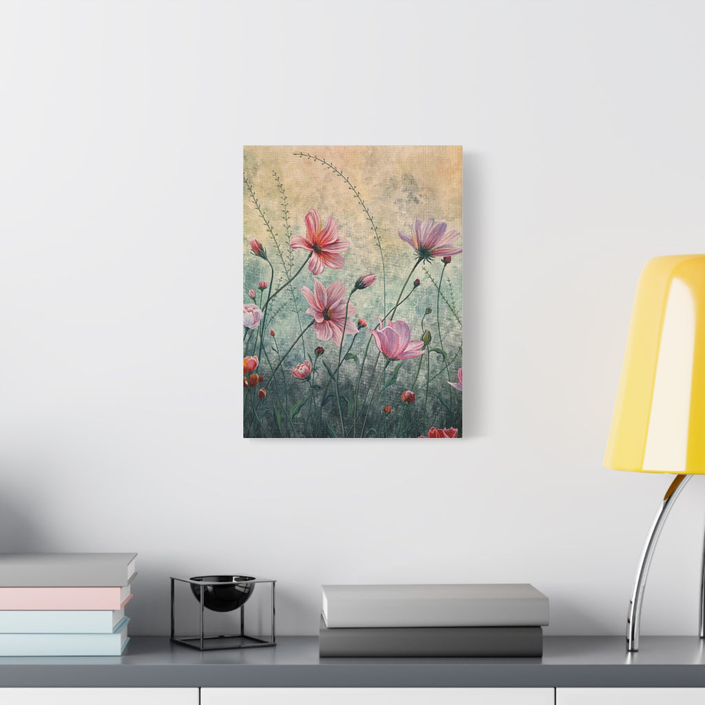 Canvas print of a painting of pink flowers on a wall above a desk with books and a lamp.