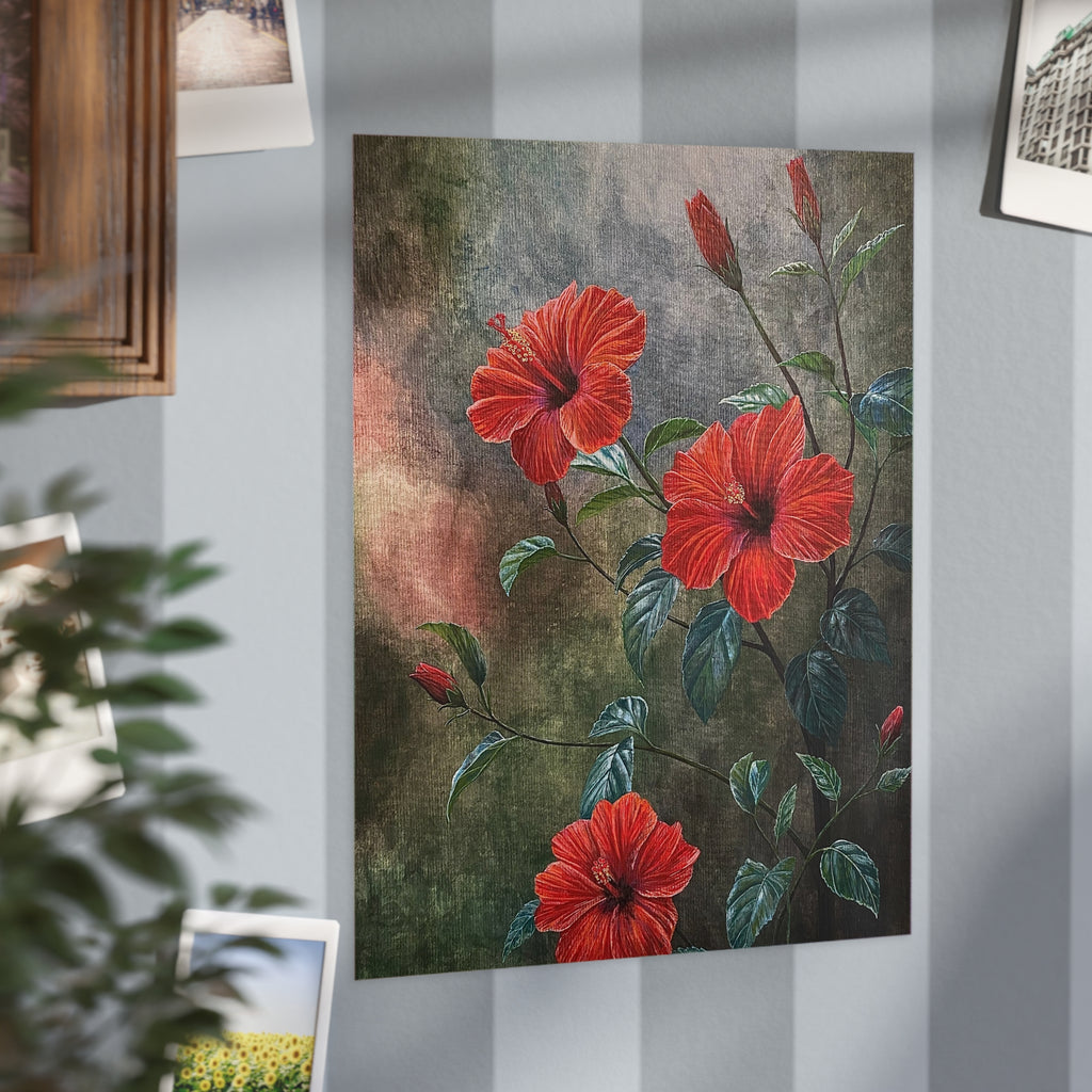 Painting print of red hibiscus flowers on a wall with other pictures