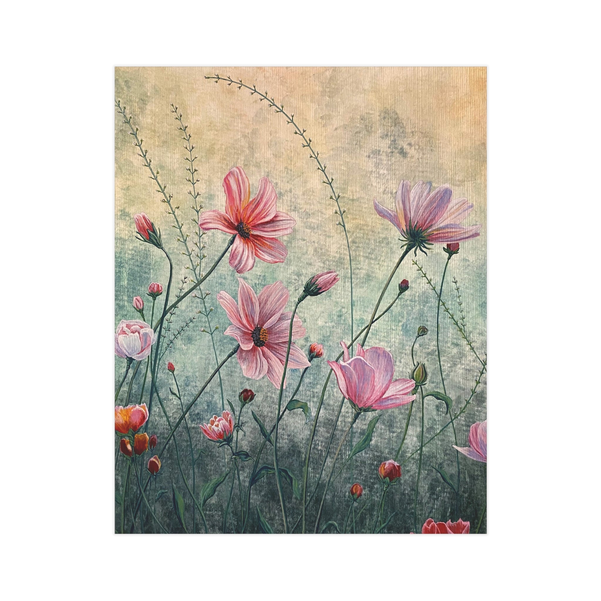 Painting print of pink flowers on a textured background