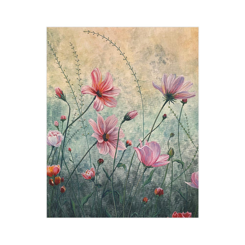 Painting print of pink flowers on a textured background