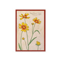 Greeting card of a vintage-style illustration of yellow flowers with a red border on a beige background