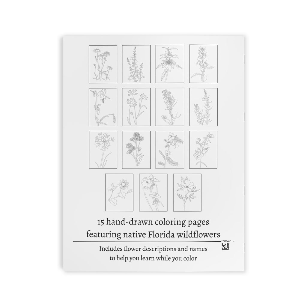 Booklet with hand-drawn coloring pages of native Florida wildflowers on a white background