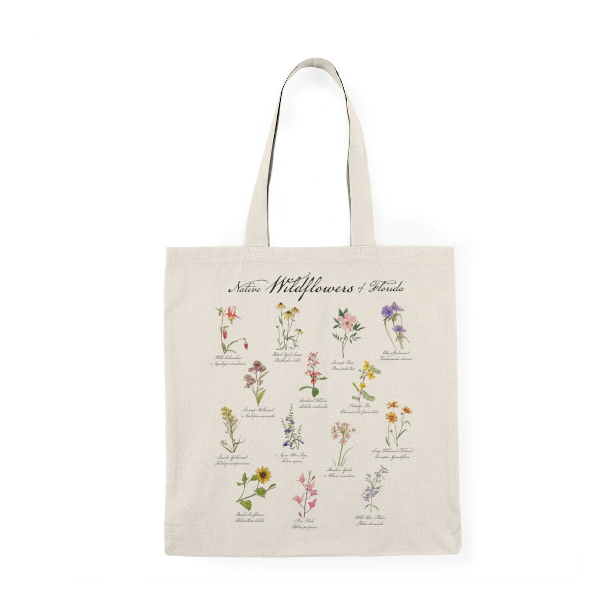 Tote bag with illustrations of wildflowers and text on a white background