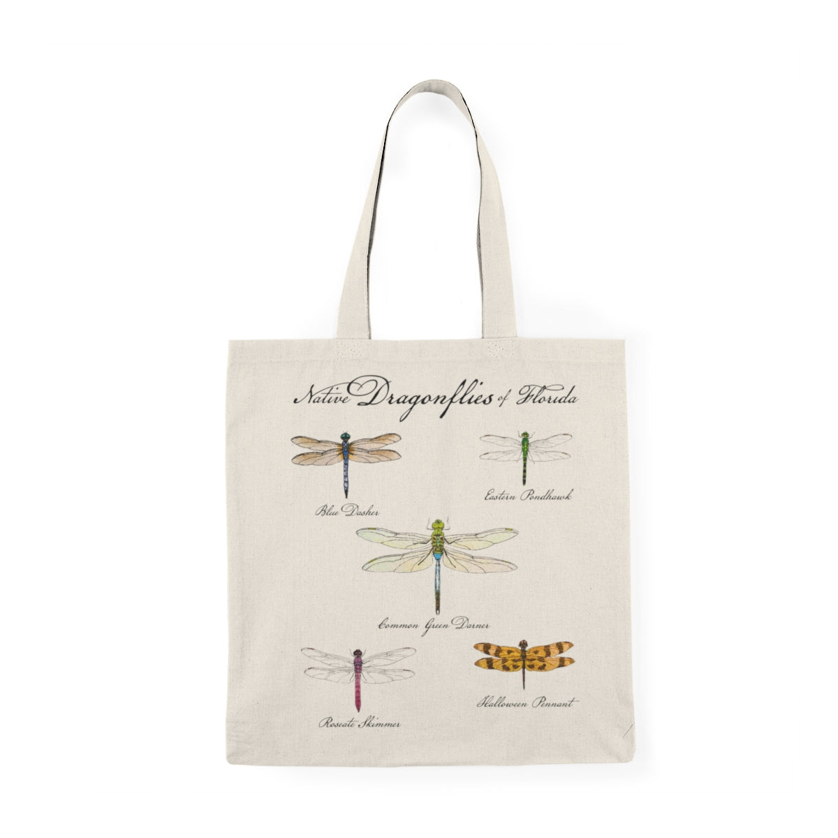 Tote bag with illustrations of dragonflies and text on a white background