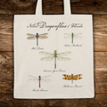 Tote bag with illustrations of native dragonflies of Florida on a wooden surface