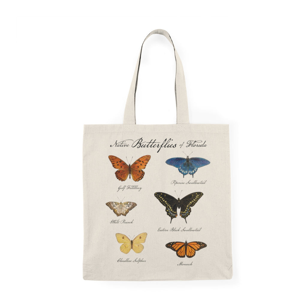 Tote bag with butterfly illustrations and text on a white background