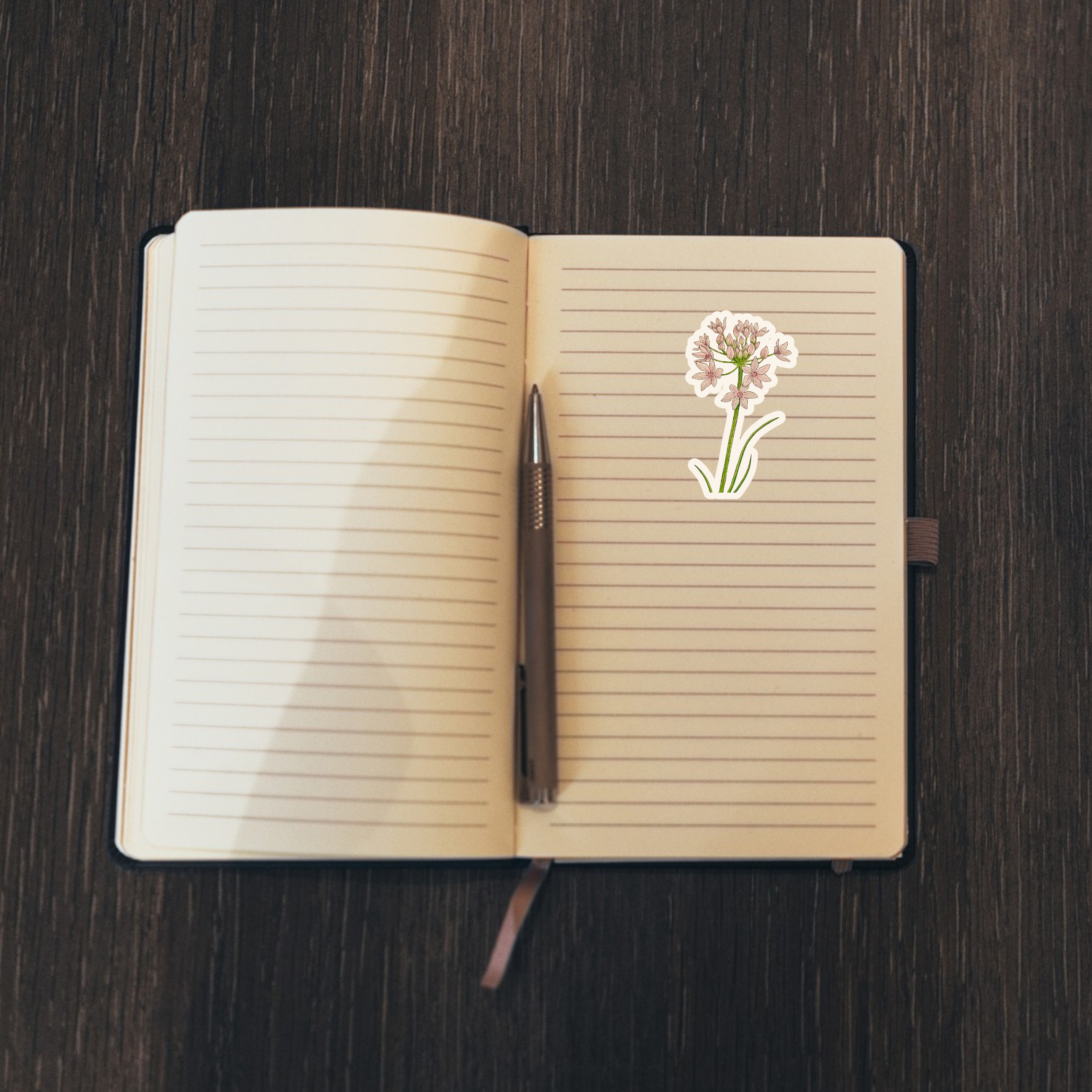 Floral sticker on an open notebook