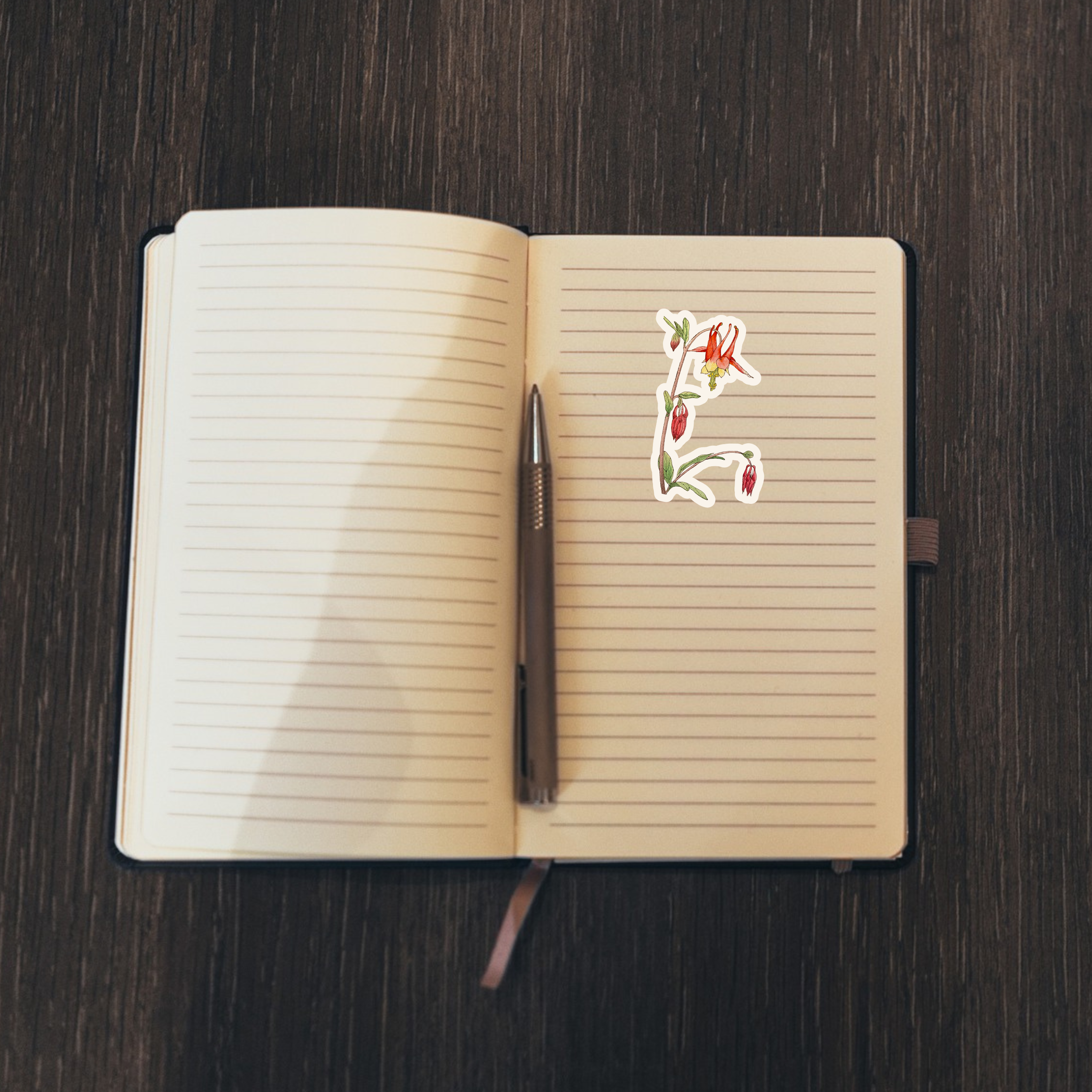 Floral sticker on an open notebook