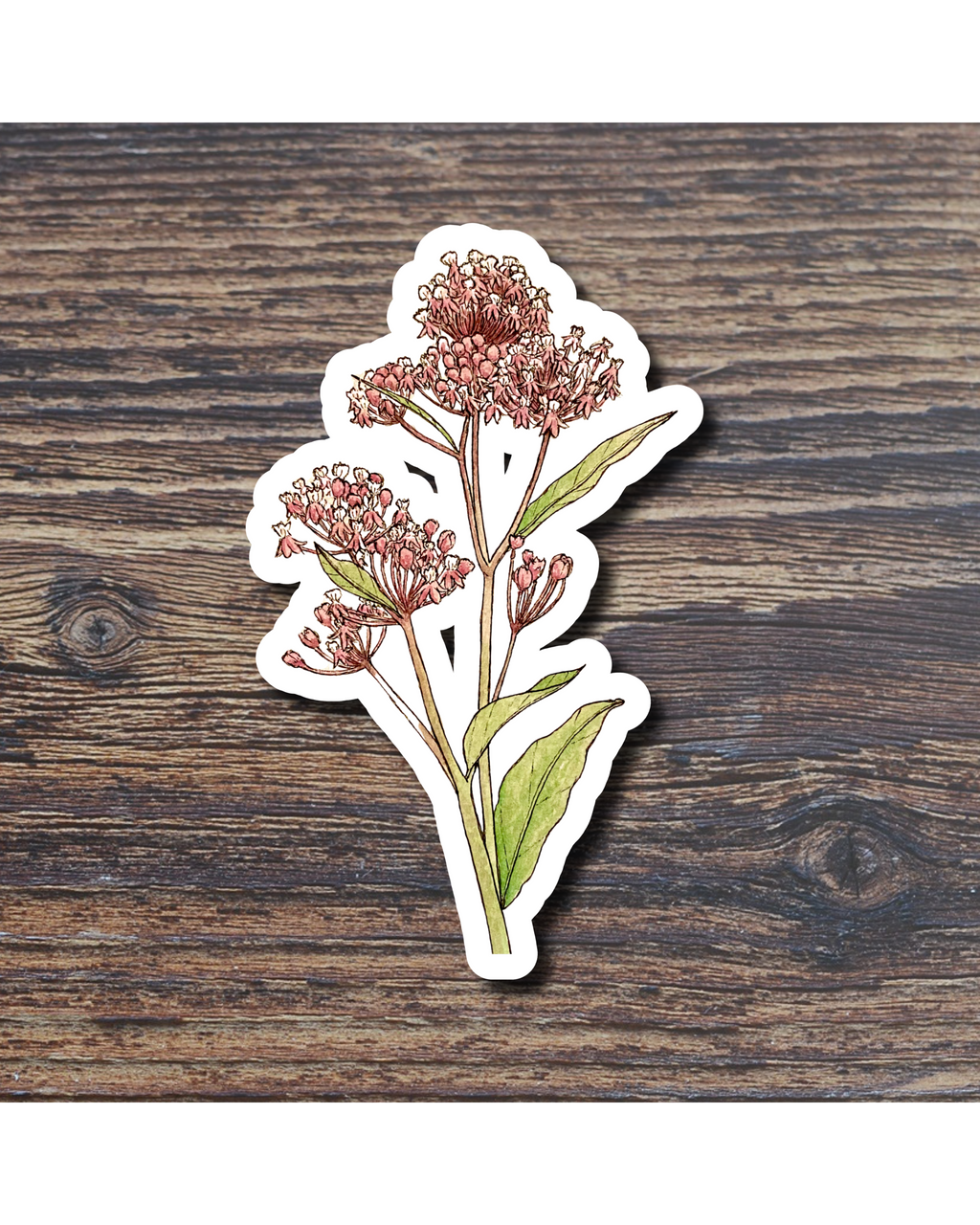 Sticker of a pink flower on a wooden surface