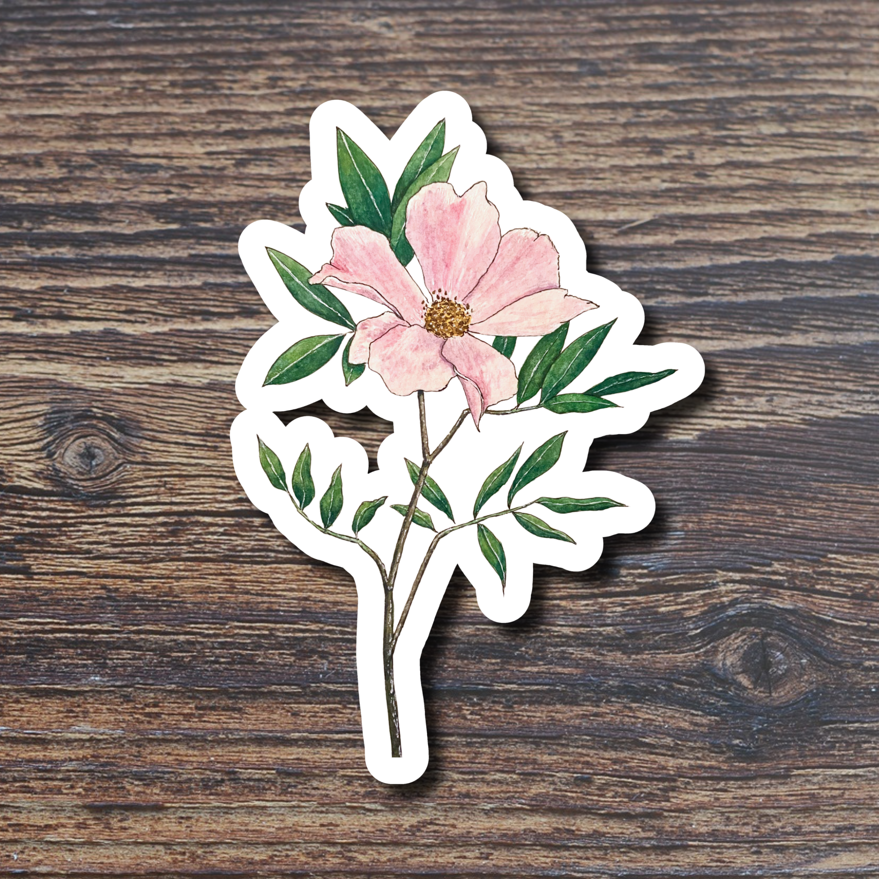 Floral sticker with pink flower and green leaves on a wooden surface