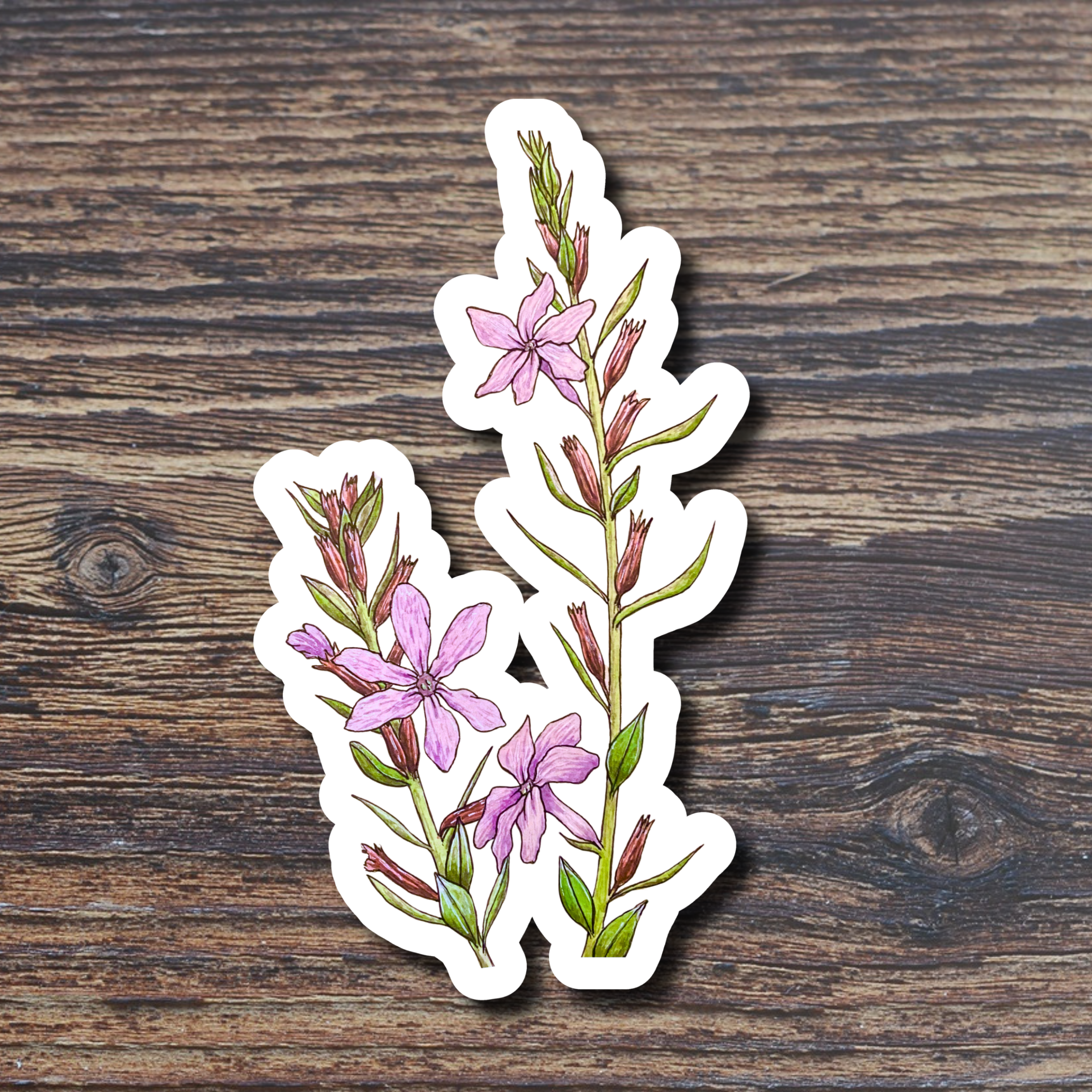 Floral sticker with pink flowers and green leaves on a wooden surface