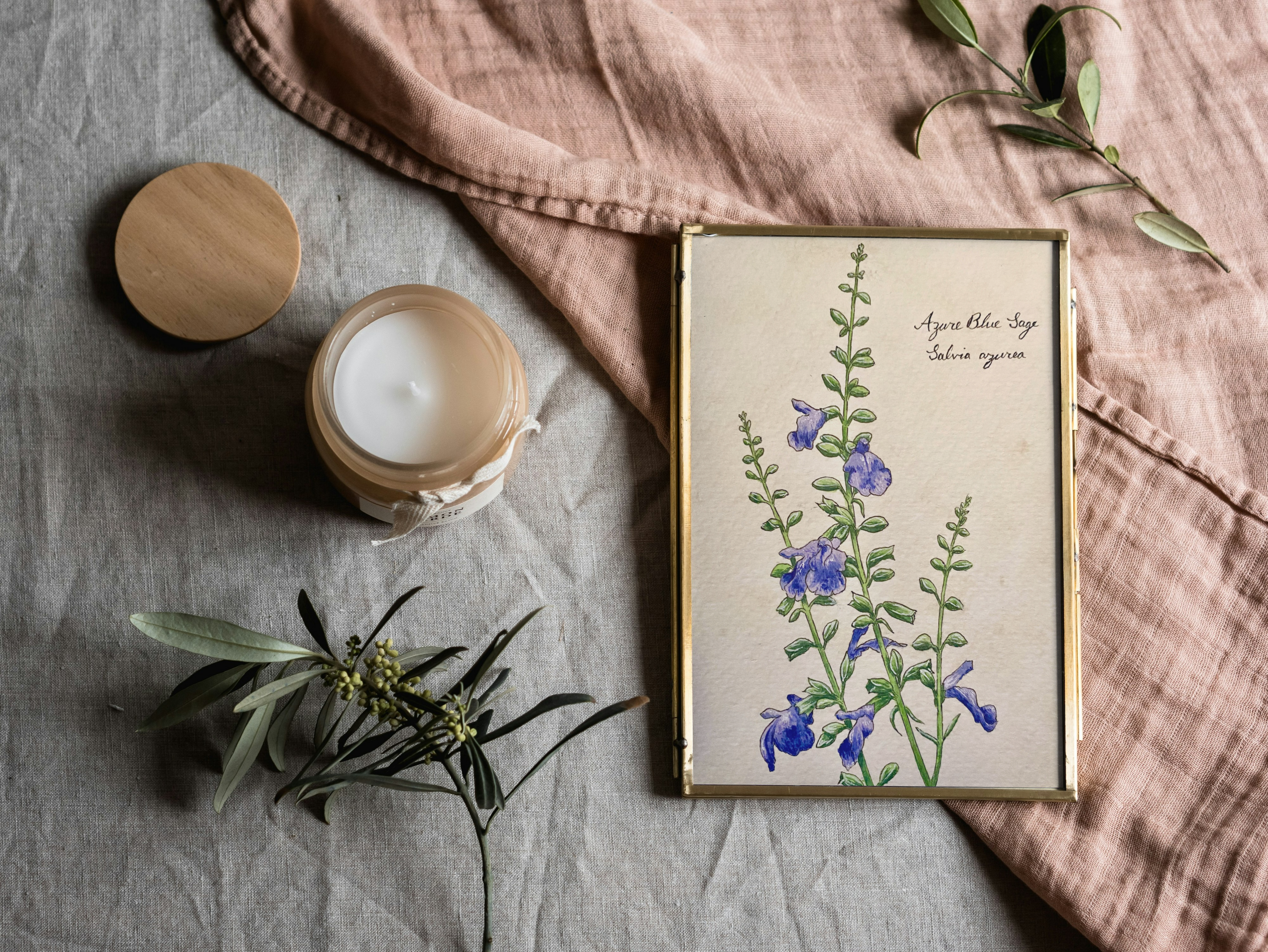 Candle, framed botanical print, and greenery on a textured surface