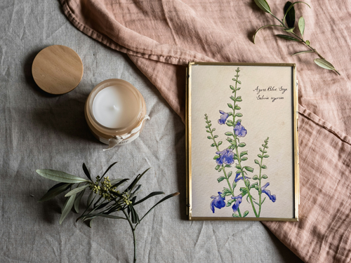 Candle, framed botanical print, and greenery on a textured surface