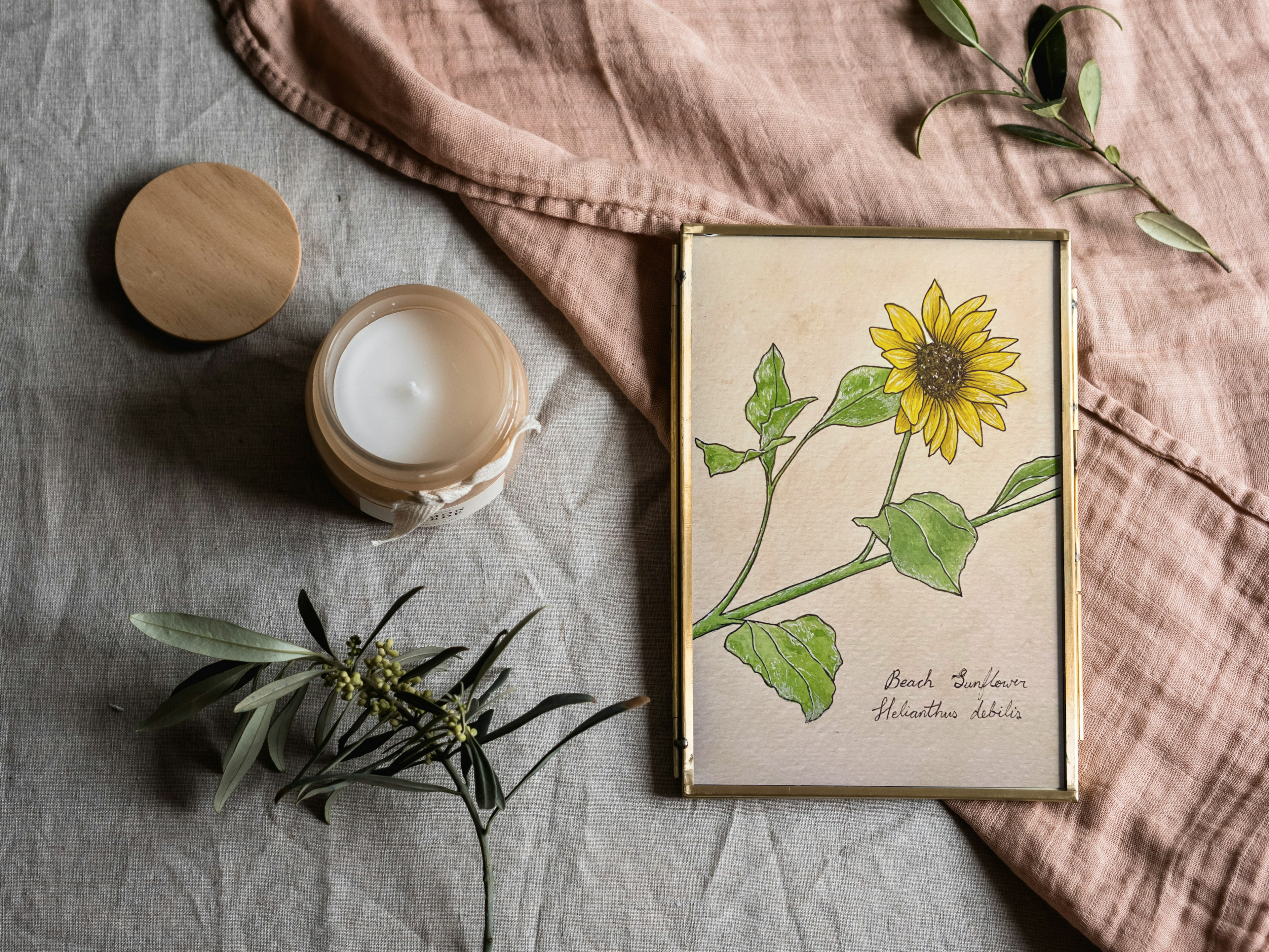 Candle and framed botanical illustration of a sunflower on a textured fabric background