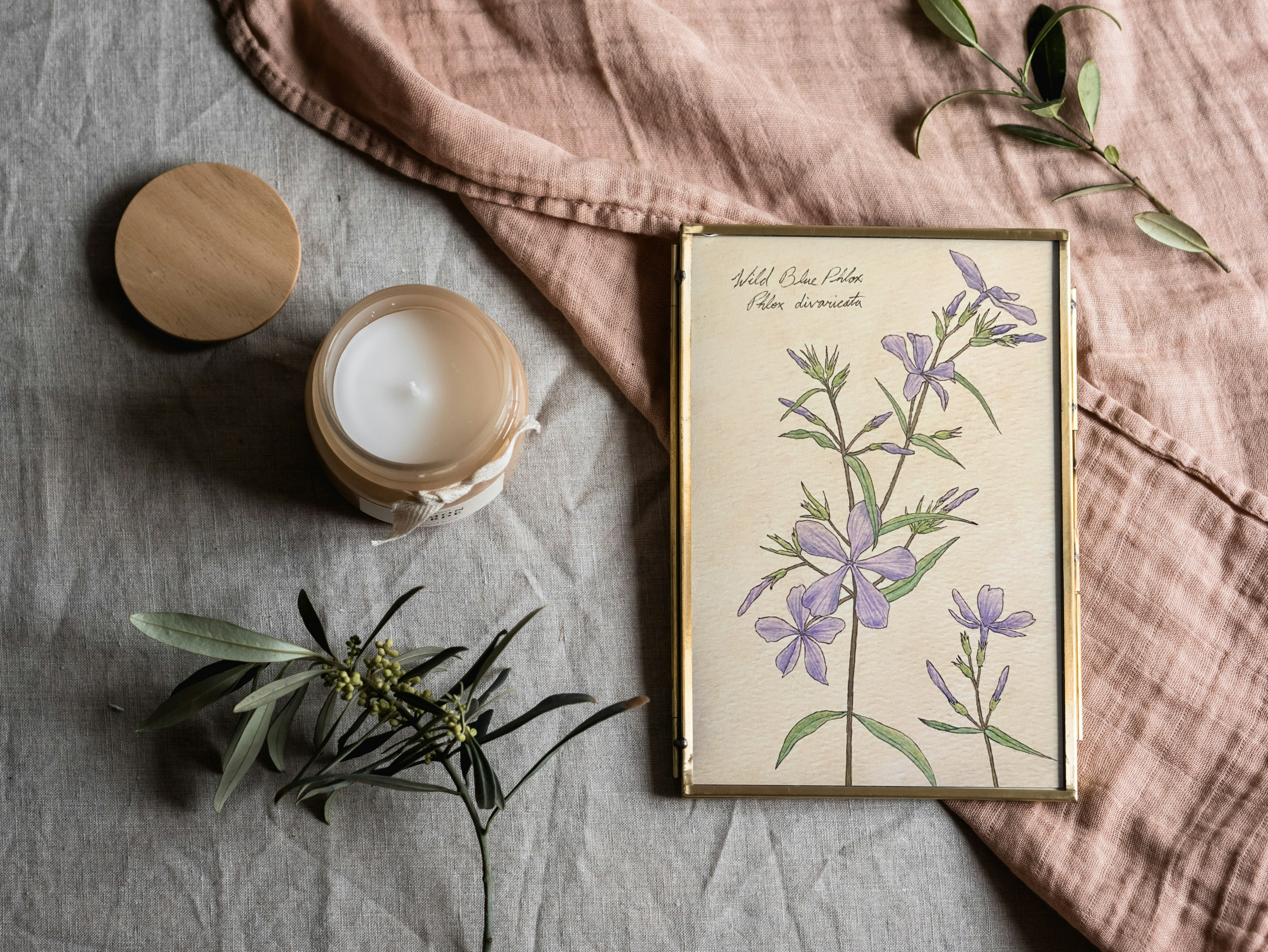 Candle, framed botanical print of flowers, and greenery on a textured surface