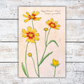 Botanical illustration of yellow flowers on a white wood surface