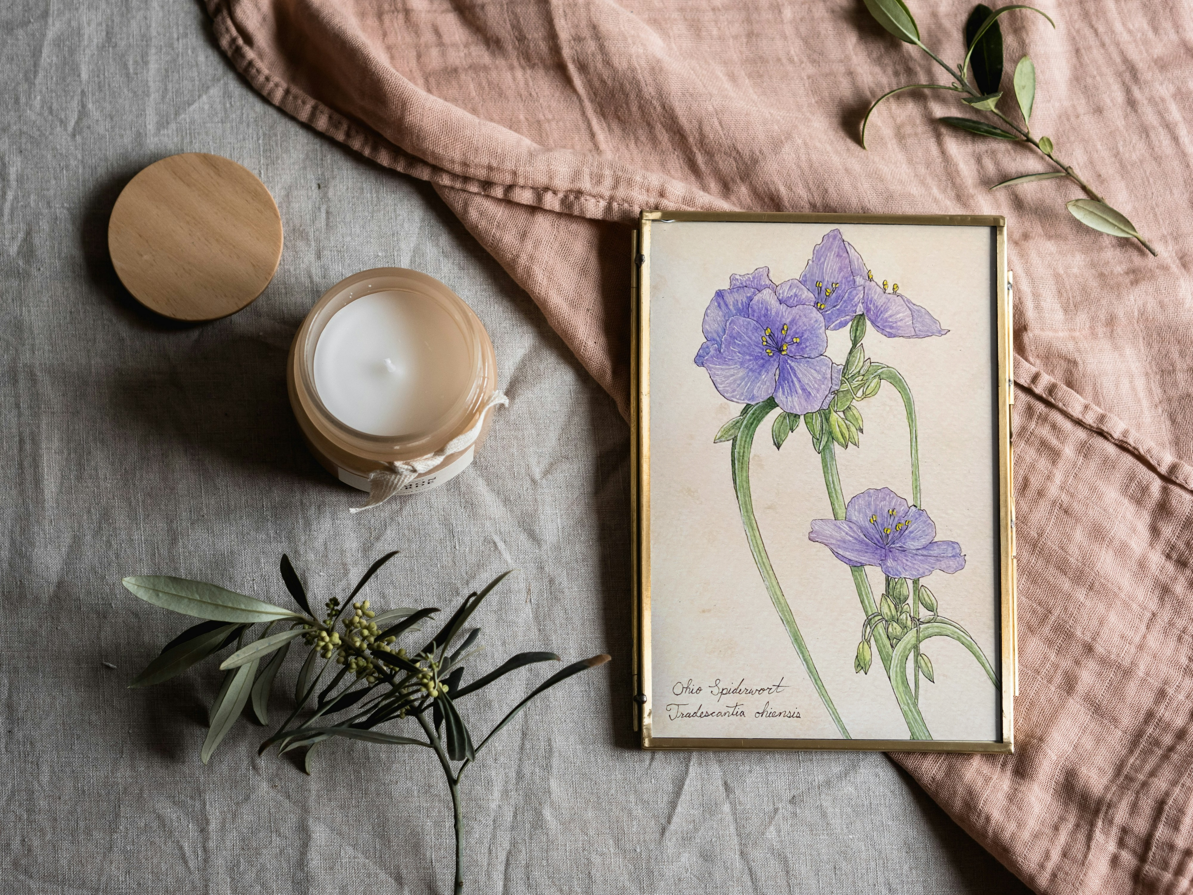Framed botanical print of purple flowers on a textured surface with a candle and greenery