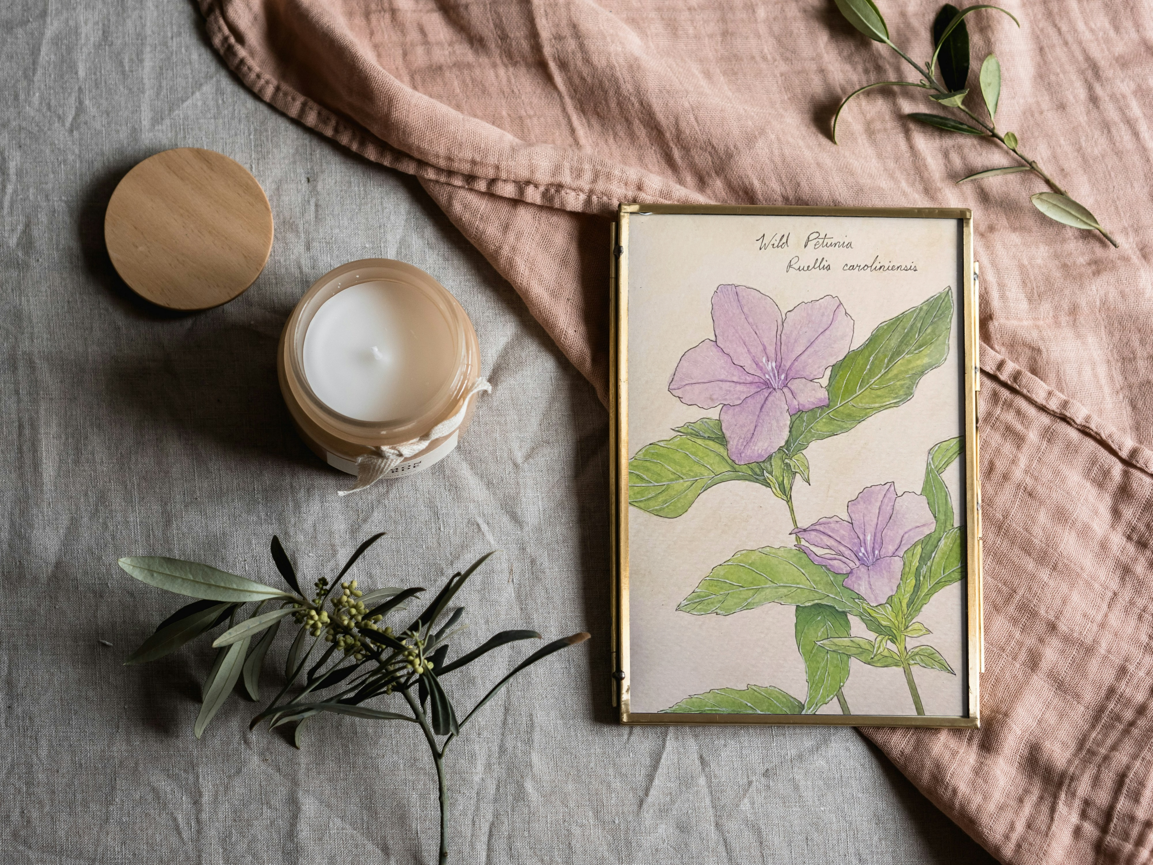 Framed botanical print on a textured surface with a candle and greenery