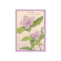 Greeting card with a vintage-style illustration of purple flowers with green leaves on a beige background