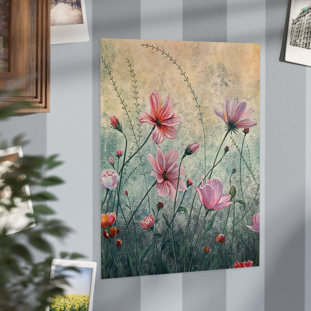 Painting print of pink flowers on a wall with other pictures
