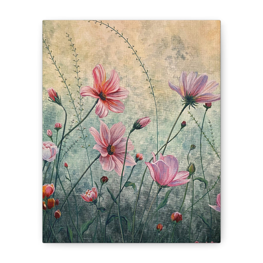 Canvas print of a painting of pink flowers on a textured background