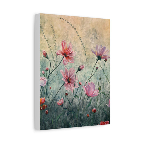 Canvas print of a painting of pink flowers on a textured background
