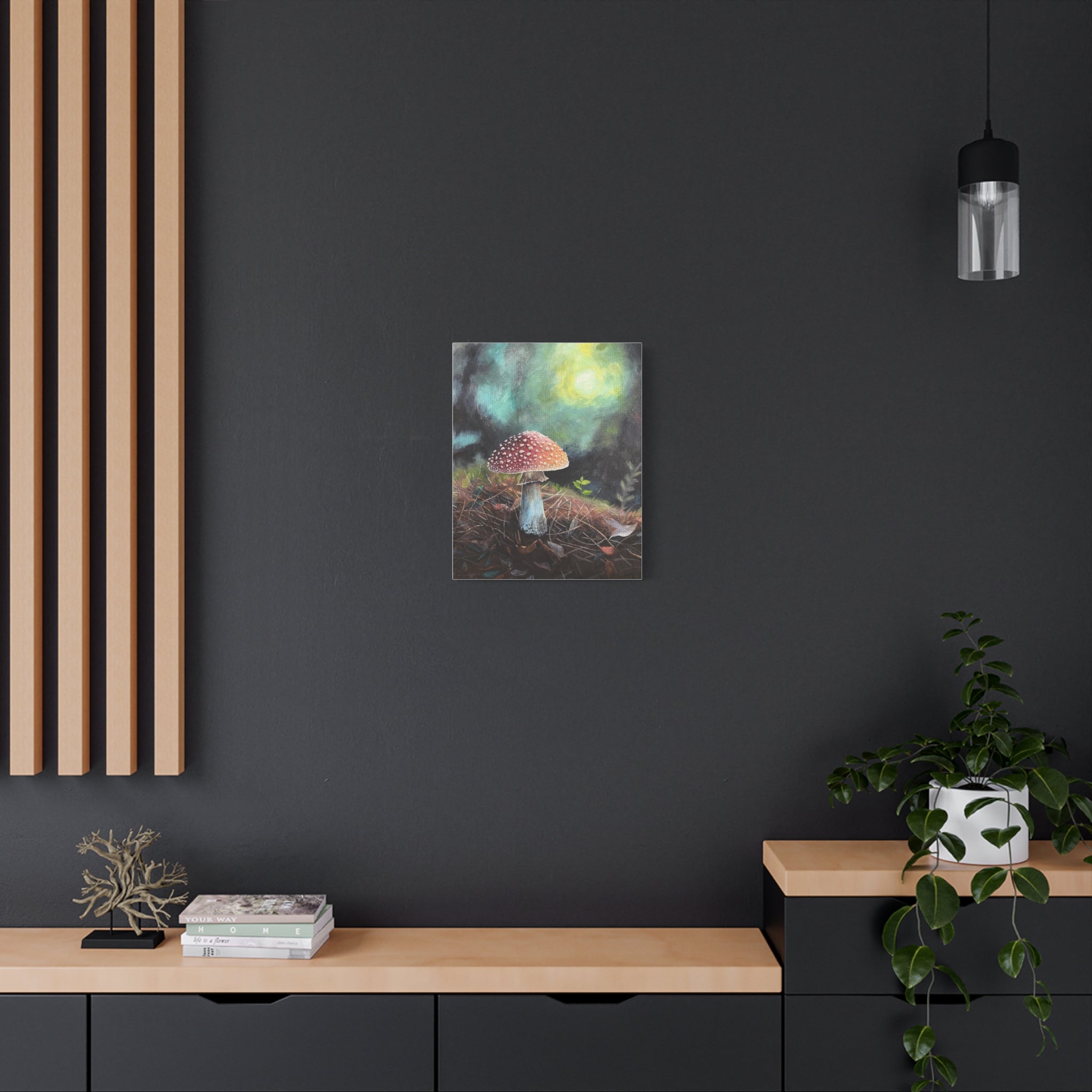Canvas print of a mushroom on a dark wall with wooden shelves