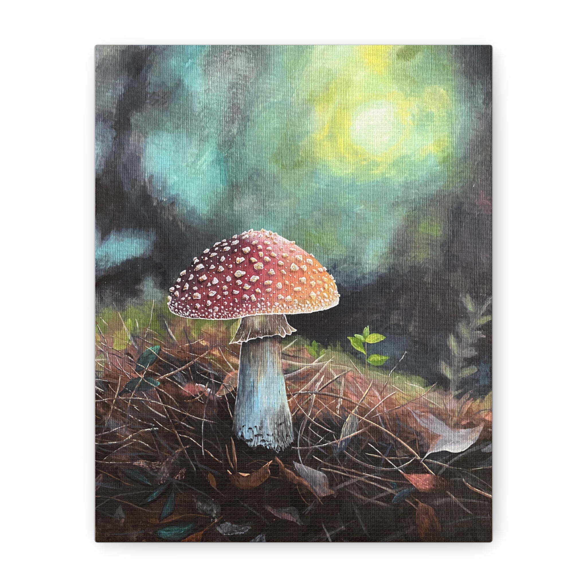 Canvas print of a red-spotted mushroom in a forest setting