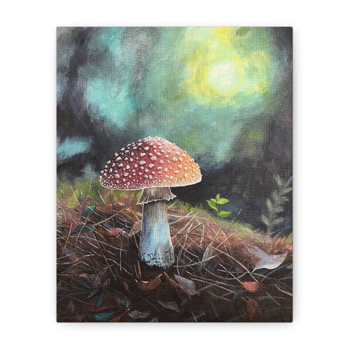 Canvas print of a red-spotted mushroom in a forest setting