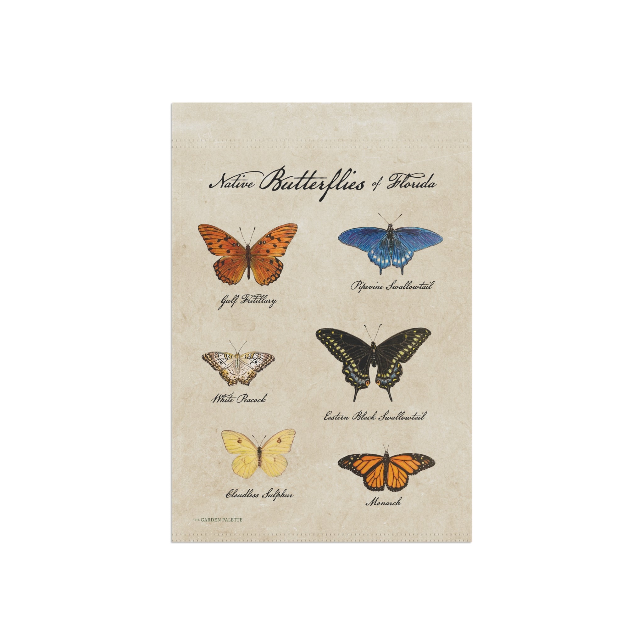 Garden flag with illustrations of butterflies and text on a beige background