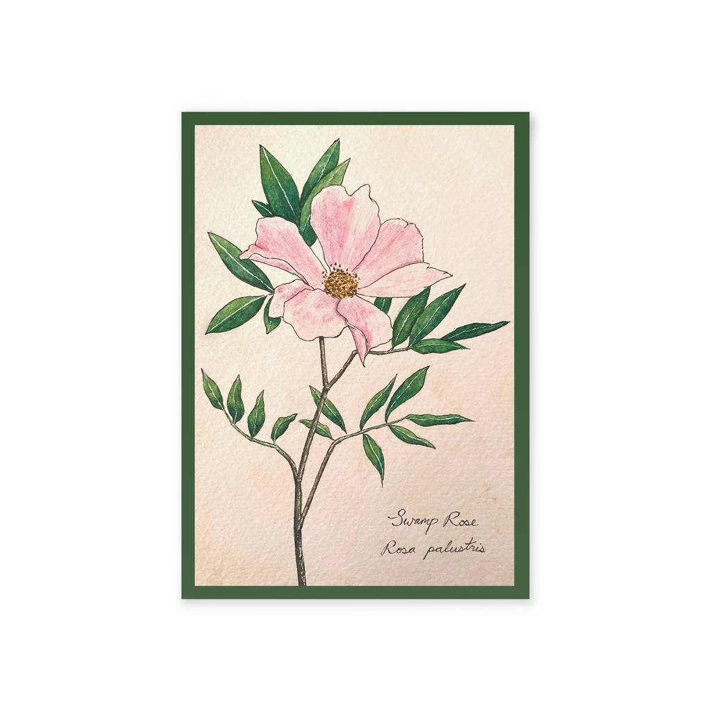 Greeting card with botanical illustration of a pink flower with green leaves on a beige background