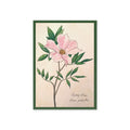 Greeting card with botanical illustration of a pink flower with green leaves on a beige background