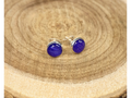 A pair of round silver stud earrings containing deep blue flower petals, displayed on a rustic wood slice background.