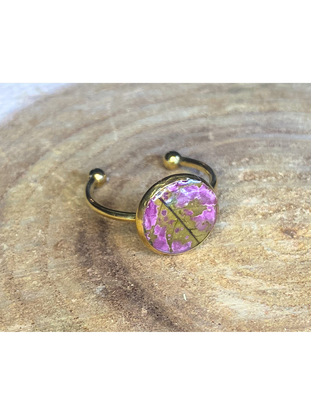 A silver-toned ring with a round bezel setting containing a pink and green leaf, displayed on a rustic wood background.