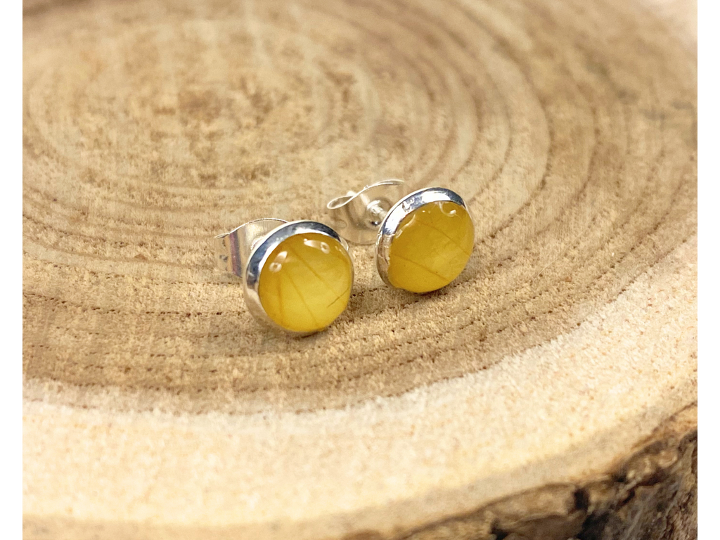 A pair of round silver stud earrings containing yellow flower petals, displayed on a rustic wood slice background. 