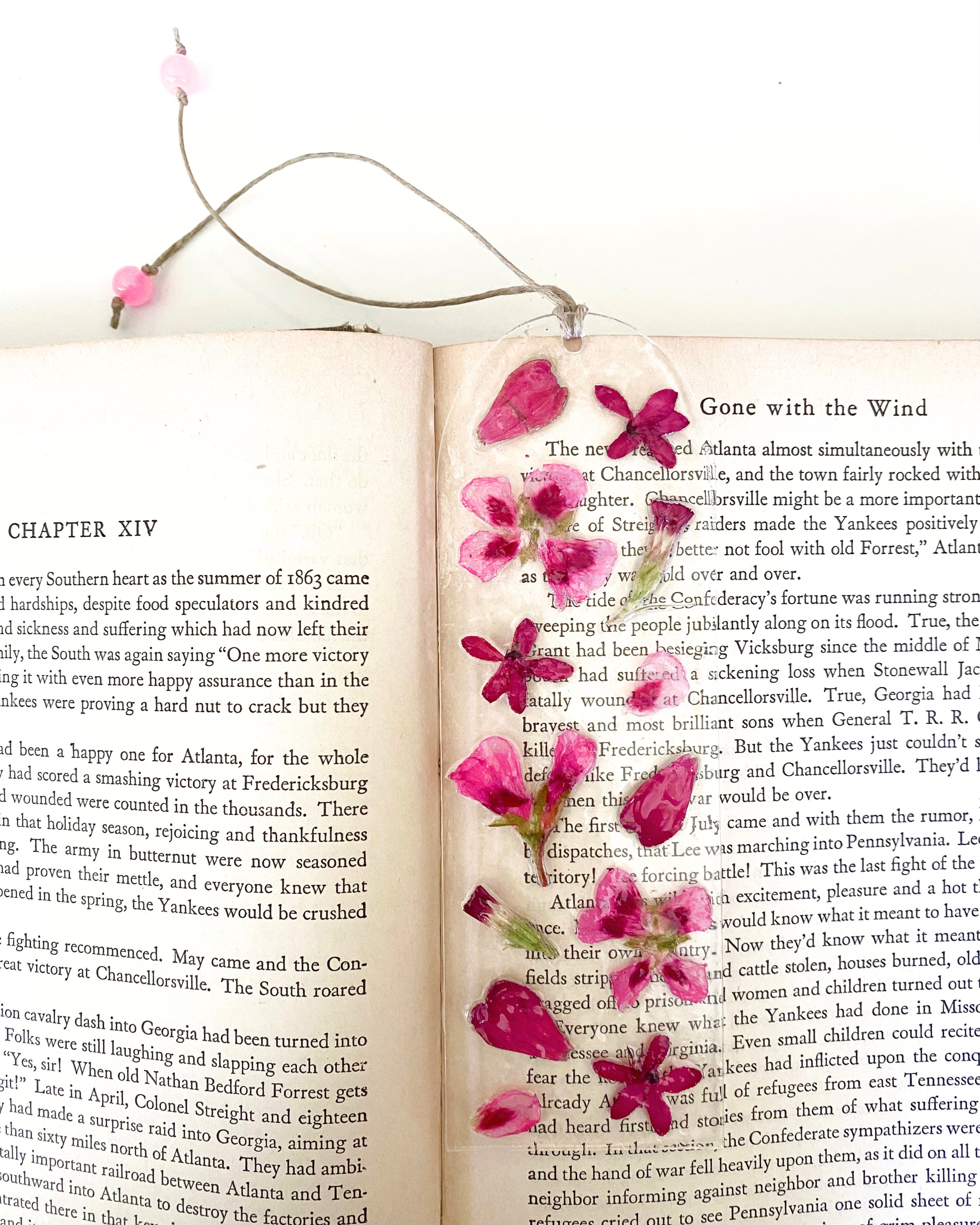 A bookmark with pink flowers on an open book