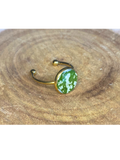 A gold-toned ring with a round bezel setting containing a green and white leaf, displayed on a rustic wood background.