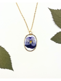 A gold chain necklace with an oval pendant featuring a preserved blue flower, styled on a white background with green leaves in the corners.